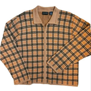 BRIDGETOWN COLLECTION tan plaid full zip-up wool blend cardigan sweater Wmn's L